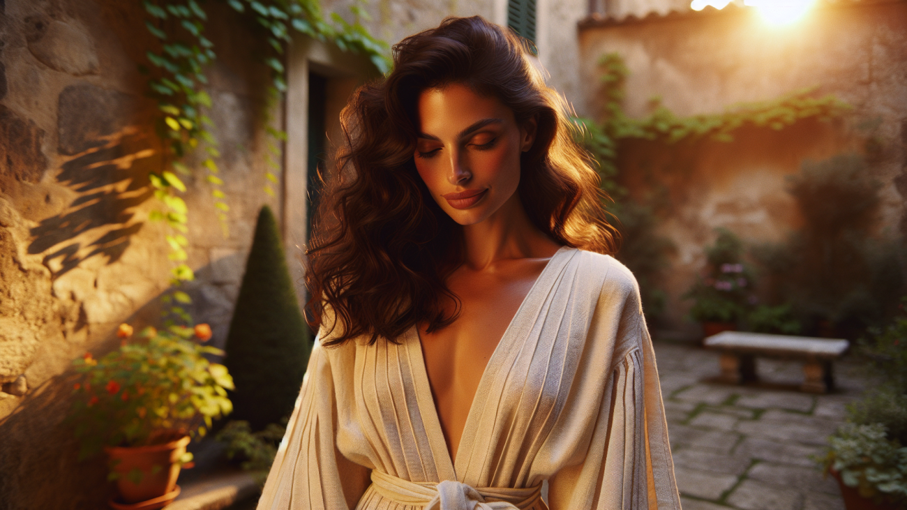 Woman in flowing dress standing in a sun-dappled European courtyard garden, radiating quiet confidence and personal transformation after intimate surgery in Turkey