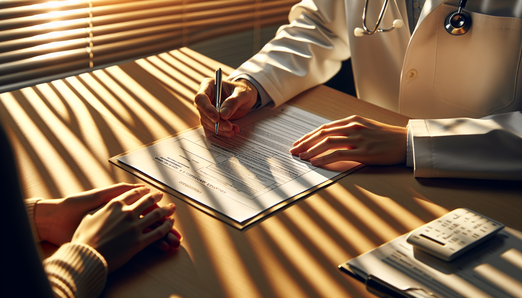 Close-up of a female doctor and female patient reviewing cosmetic gynecology consultation documents in a warm, private clinic room in Istanbul
