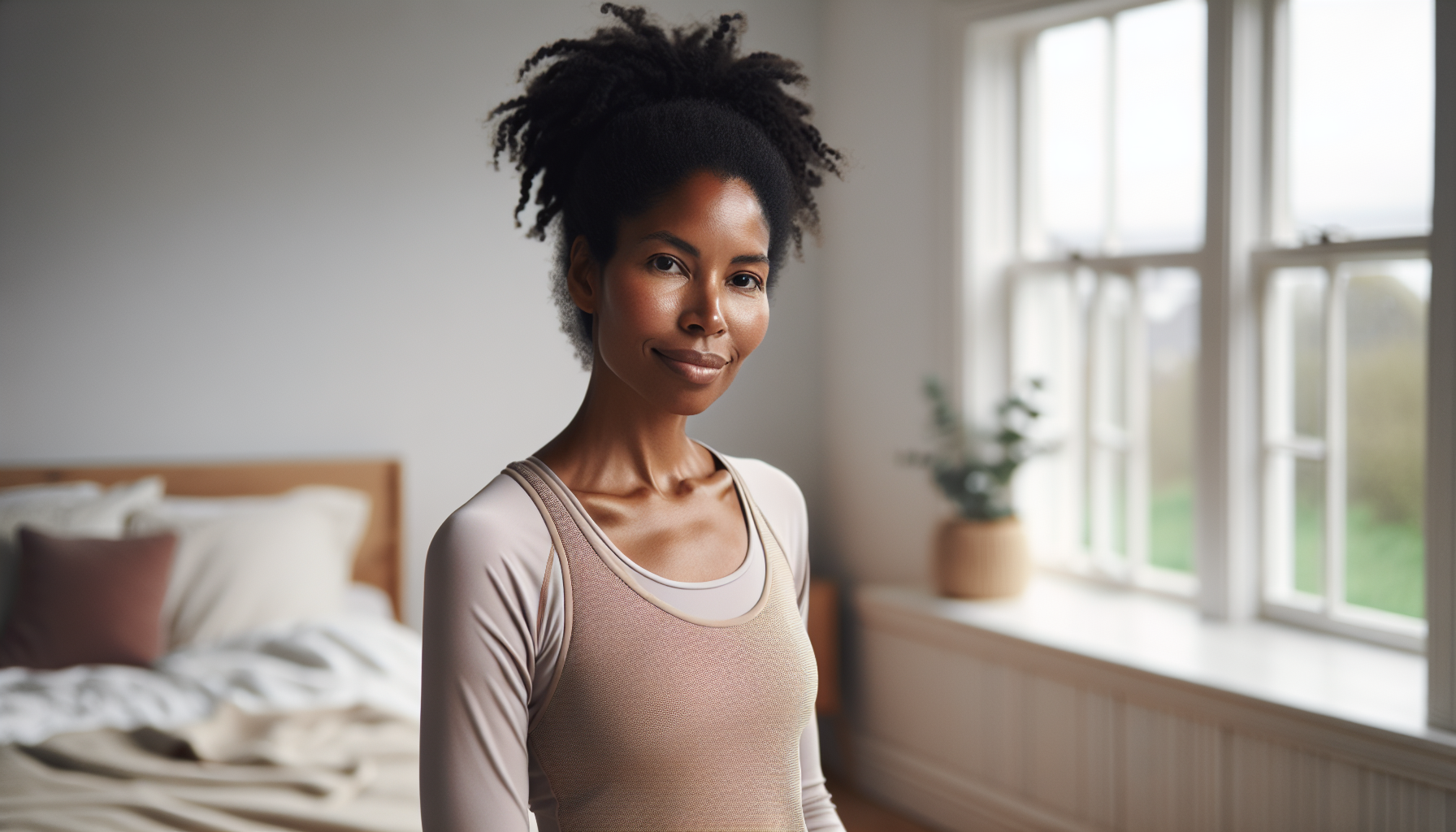 Confident woman in her 40s in a bright minimal home interior, calm and poised — representing postpartum awareness and the choice to address intimate changes after childbirth