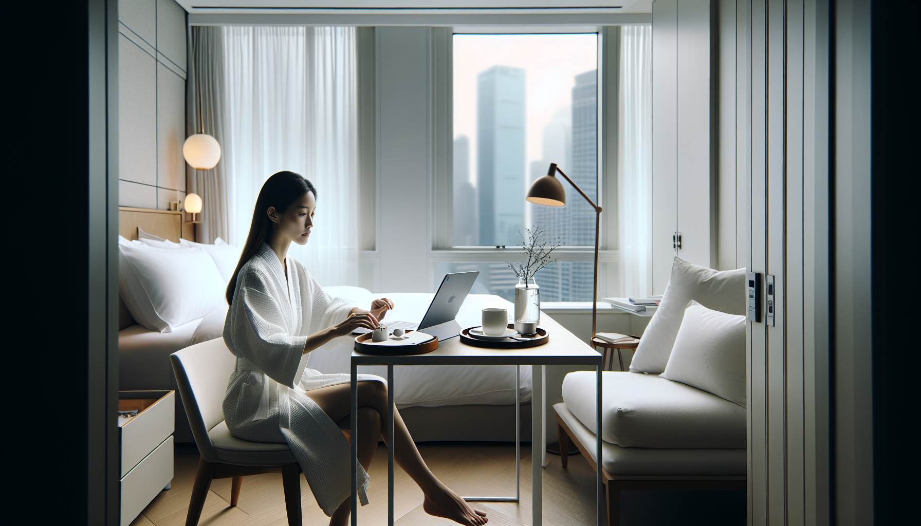 Woman in a white robe planning her medical trip in a pristine hotel recovery suite, laptop open on a desk beside a paper planner, Istanbul skyline visible through floor-to-ceiling windows