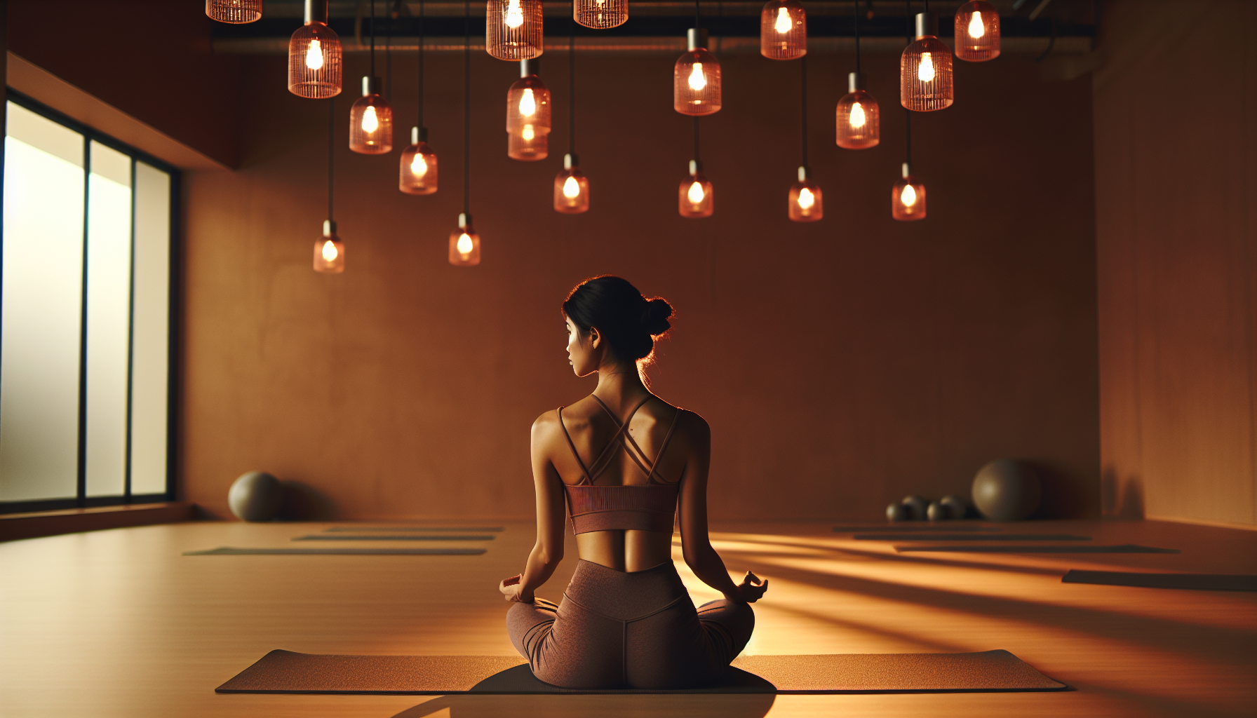 Woman seated in cross-legged yoga pose on a mat in a warm wellness studio, over-the-shoulder view showing graceful posture — representing pelvic floor rehabilitation before and after intimate surgery