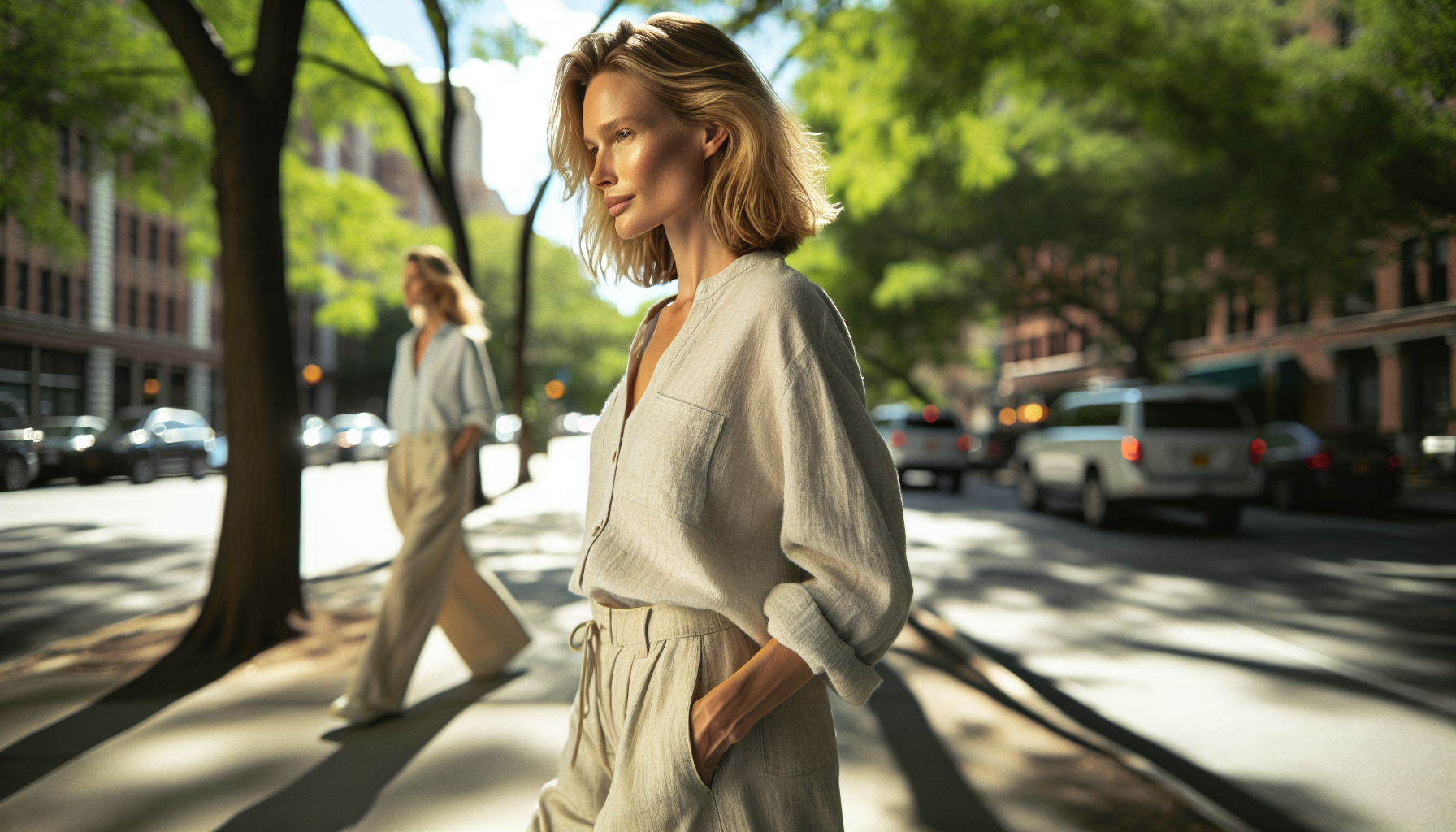 Woman in her mid-40s walking confidently along a tree-lined park path in bright daylight, side profile view — representing post-surgery recovery and return to full active life after labiaplasty and vaginoplasty in Turkey