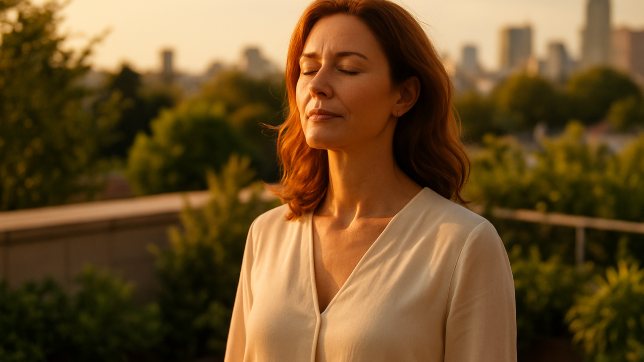 Confident woman in golden hour light, representing deep plane facelift transformation in Turkey