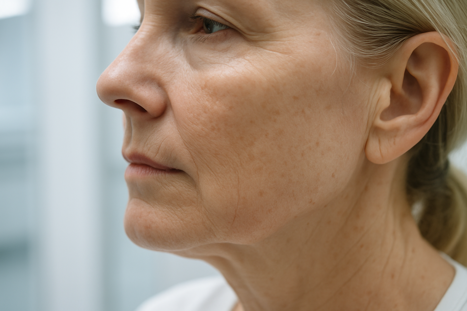 Close-up of a woman jaw and lower face in a clinical setting showing the SMAS facial anatomy zones
