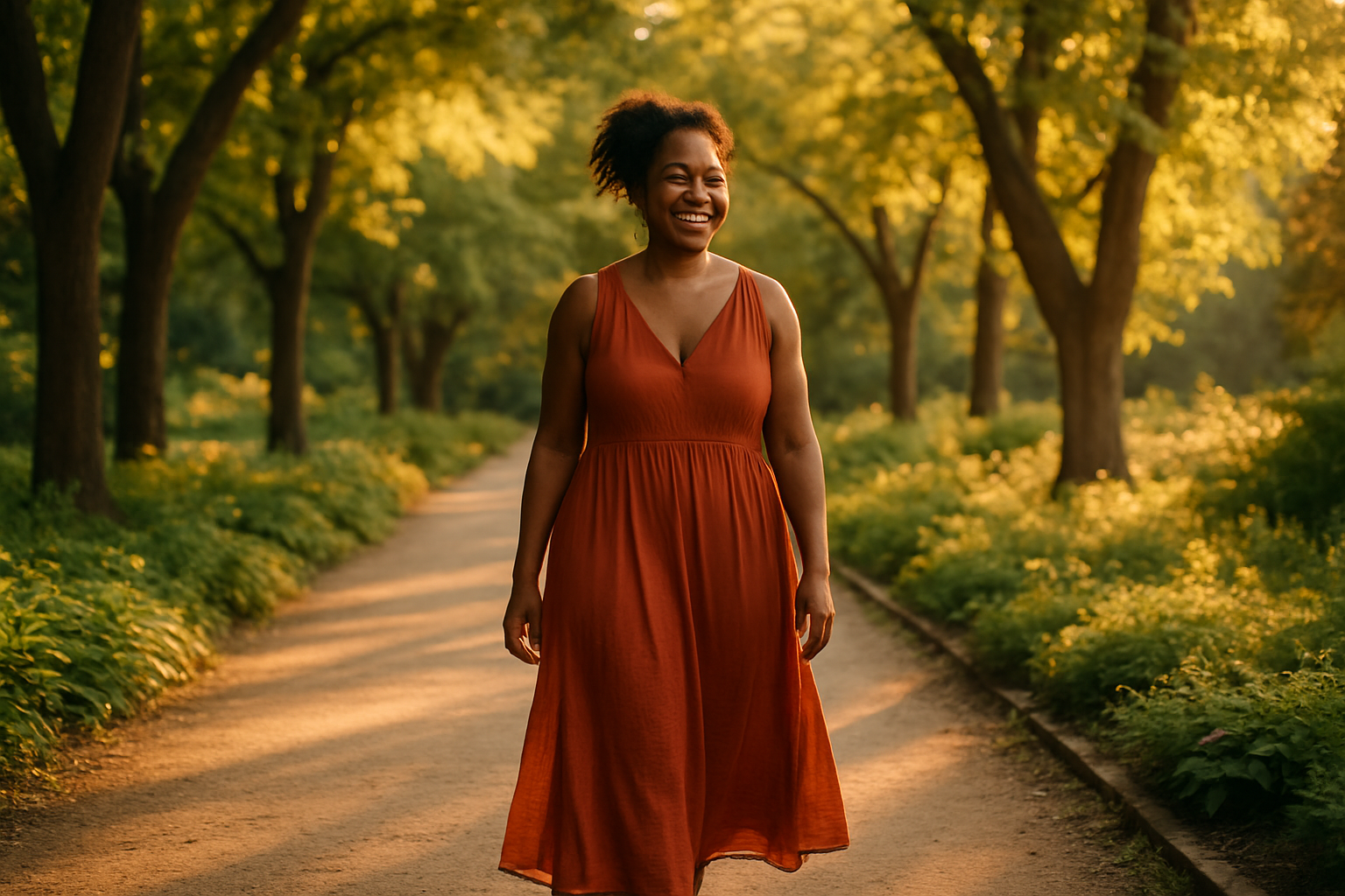 Confident woman with naturally glowing skin outdoors in golden light, showing deep plane facelift results