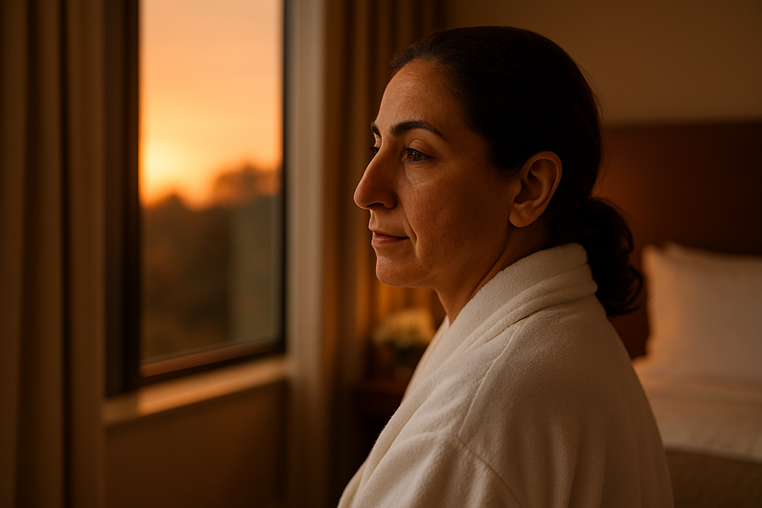 Woman resting peacefully in a hotel recovery suite after deep plane facelift surgery in Istanbul