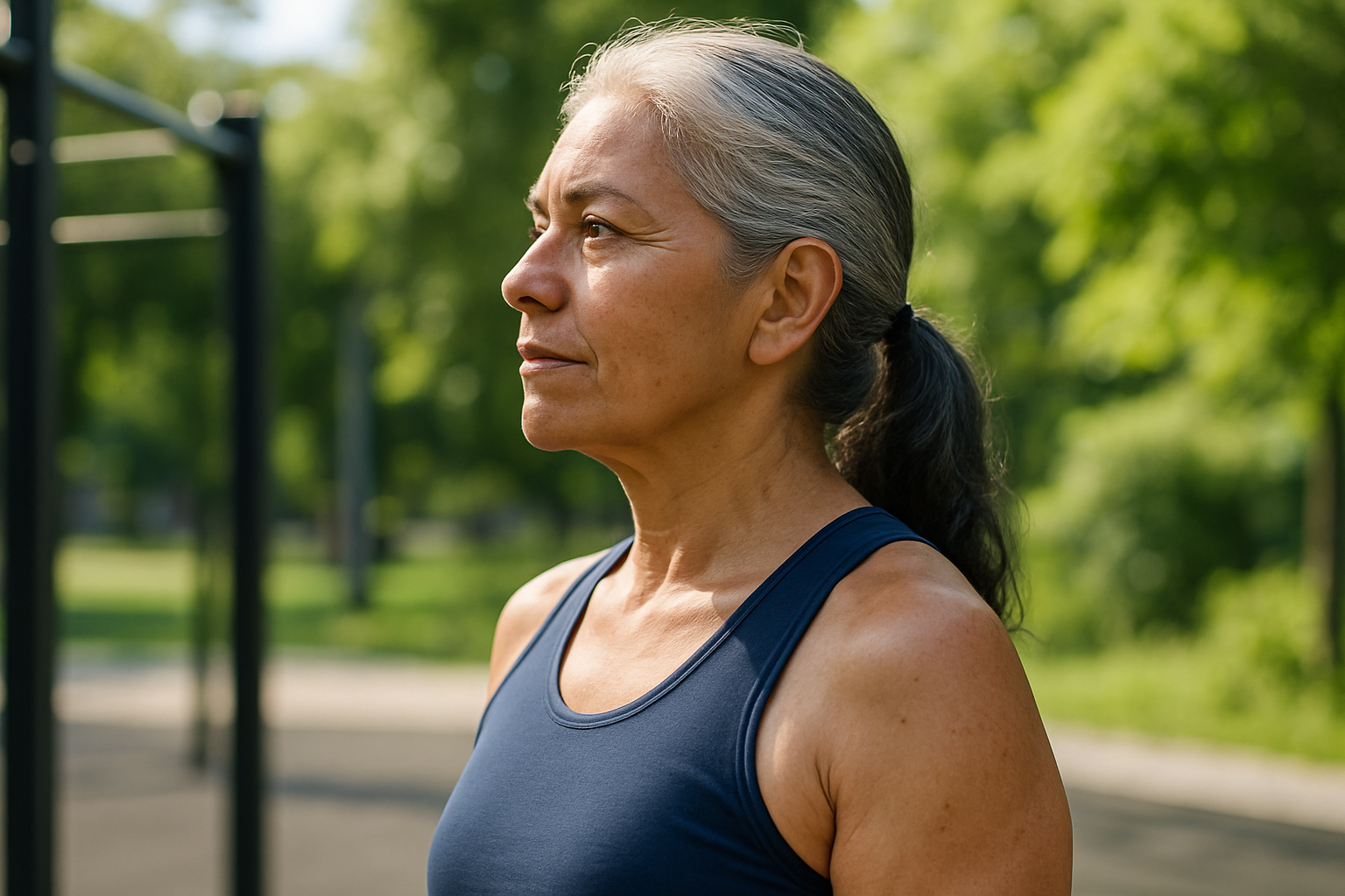 Active confident woman in side profile outdoors, showing deep plane facelift long-term vitality