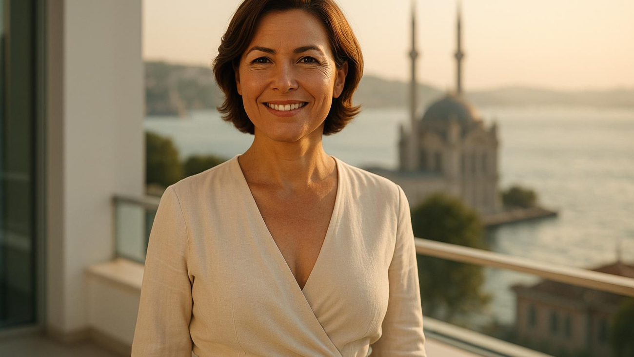 Woman showing natural breast implants with lift transformation results in Istanbul terrace setting