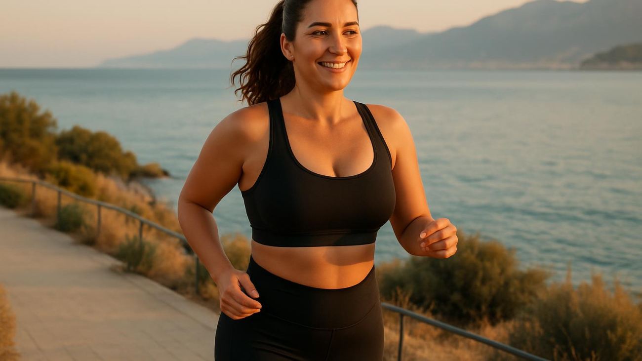 Confident woman post breast lift with fat transfer Turkey, natural results, active lifestyle