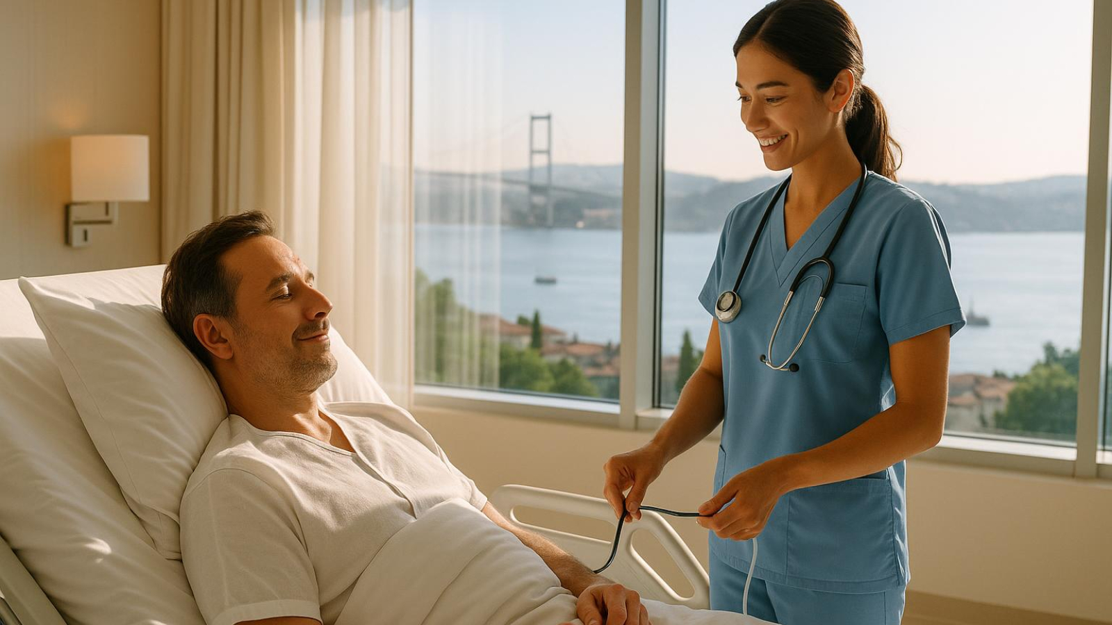 Patient recovering comfortably in a modern Turkish clinic suite with Bosphorus view after facelift and neck lift surgery