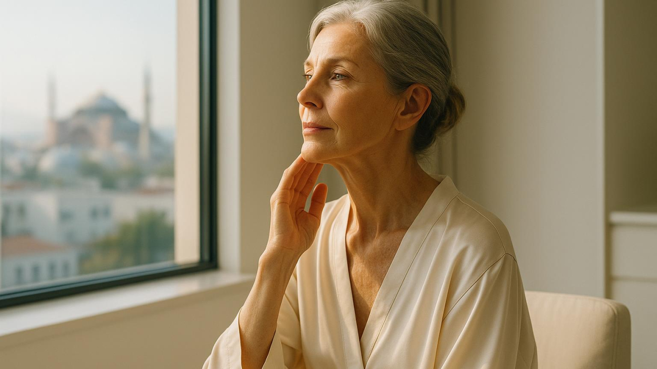 Woman after facelift and neck lift together touching jawline in sunlit recovery suite