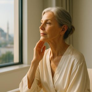 Woman after facelift and neck lift together touching jawline in sunlit recovery suite