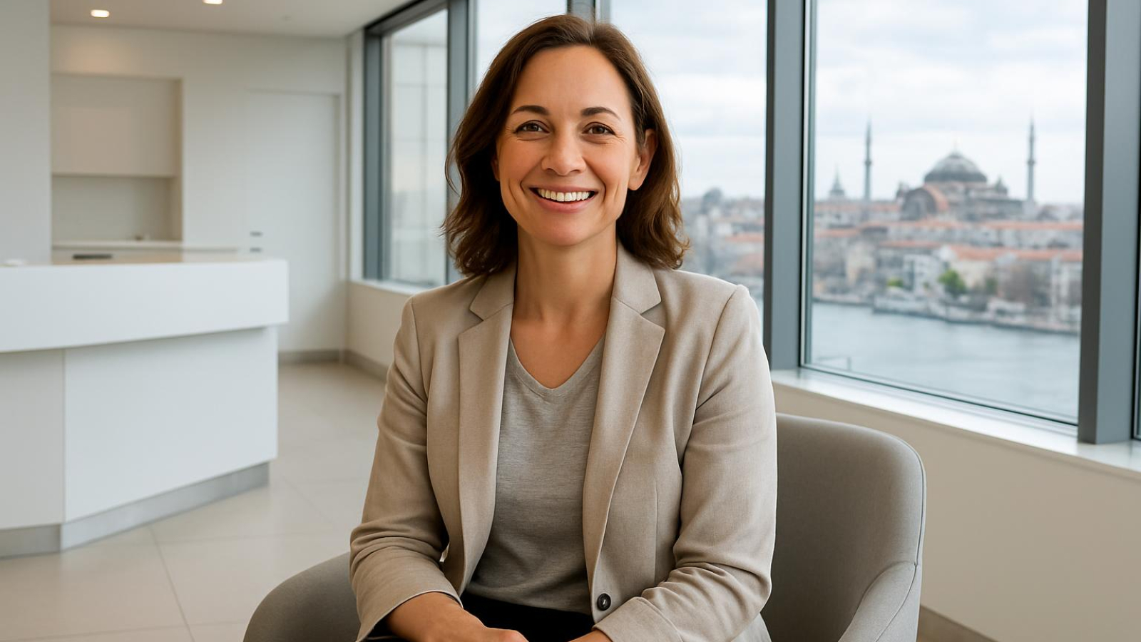 Confident woman in Istanbul clinic awaiting labiaplasty vaginoplasty consultation