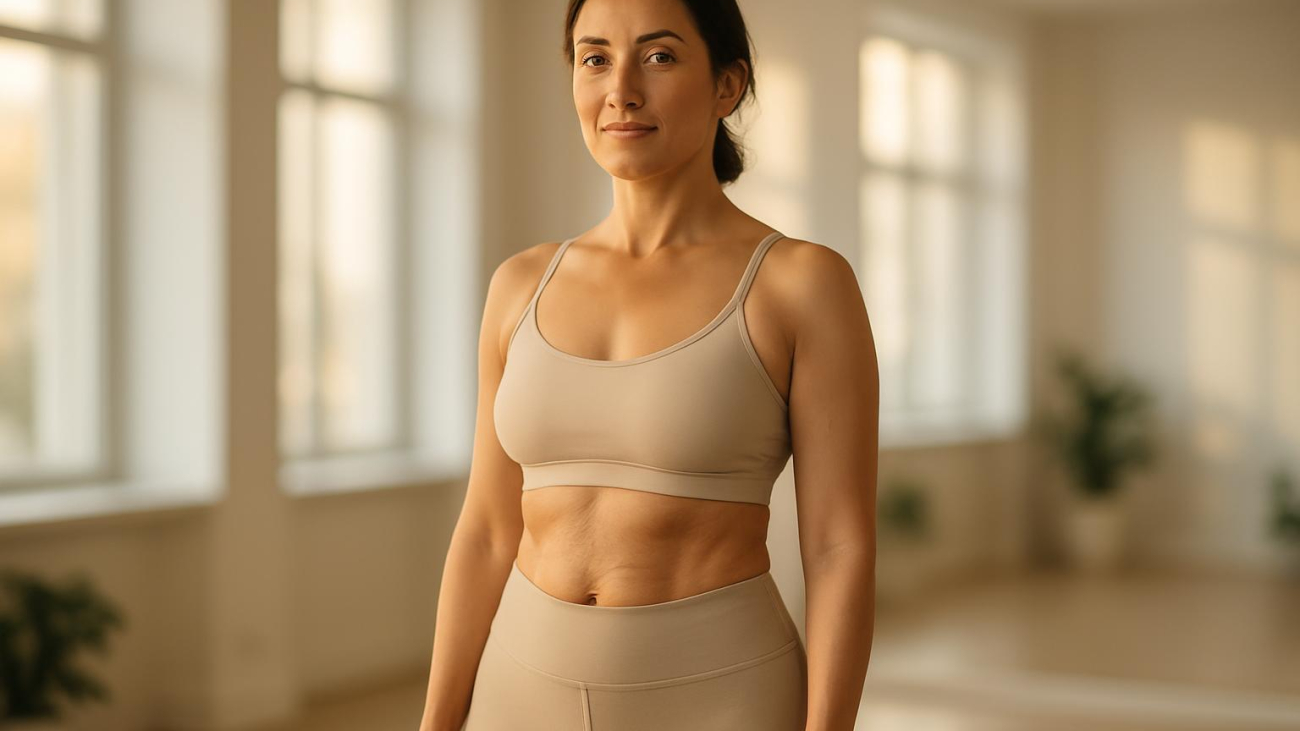 Woman showing subtle skin tightening on abdomen after combined liposuction and J‑Plasma treatment