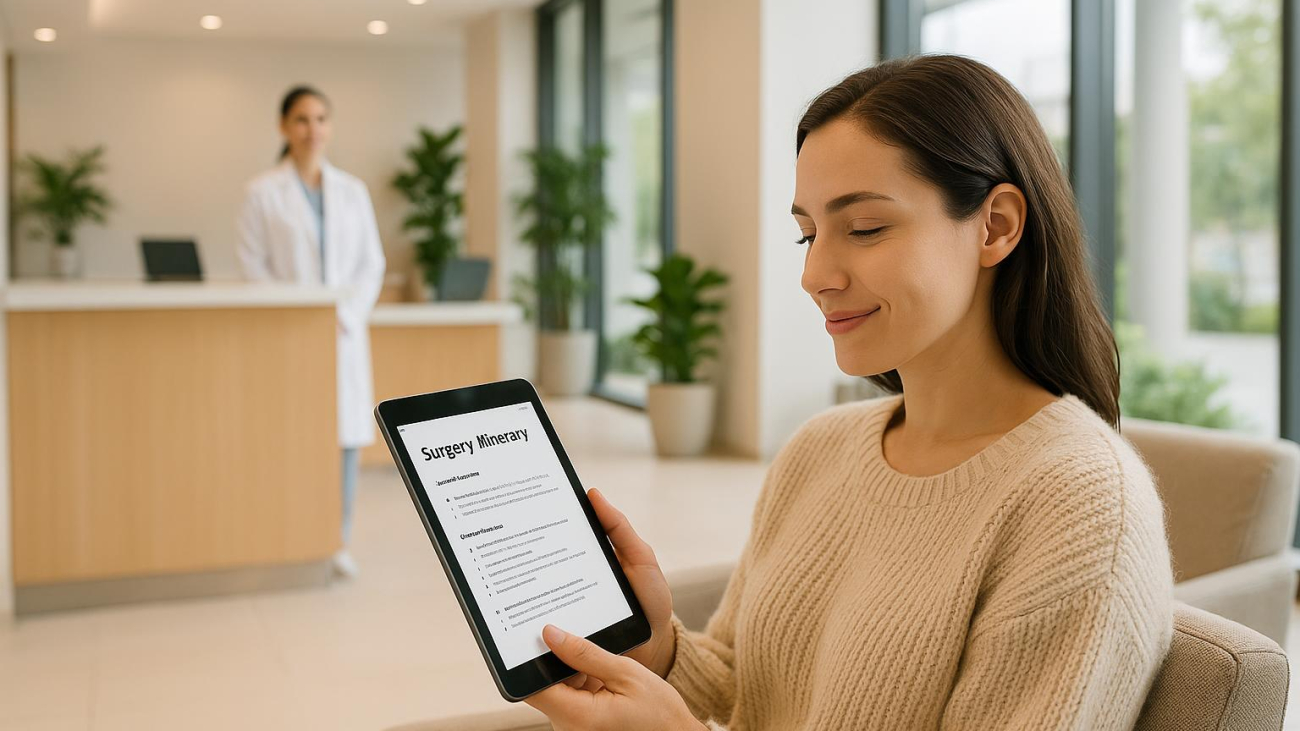 Patient reviewing mommy makeover surgery day schedule in a modern Turkish clinic reception