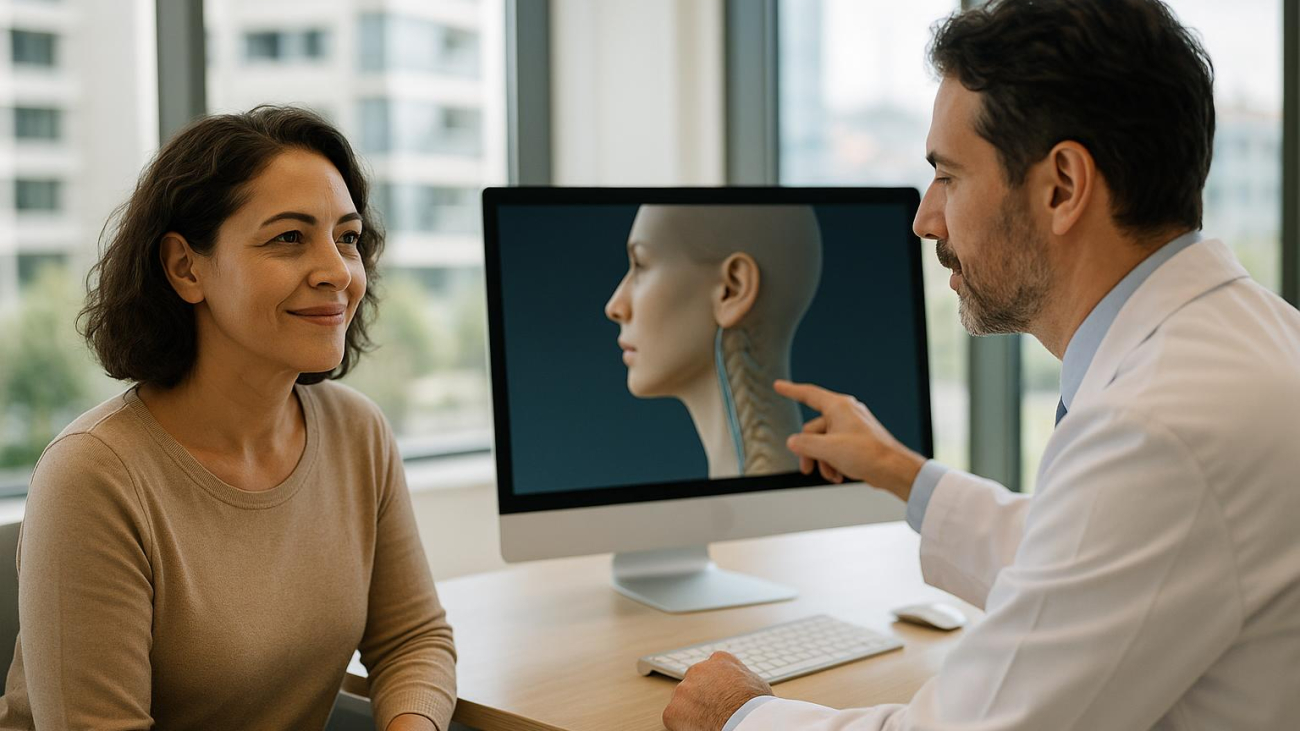 Patient and surgeon discussing neck lift consultation questions with 3D simulation in modern clinic