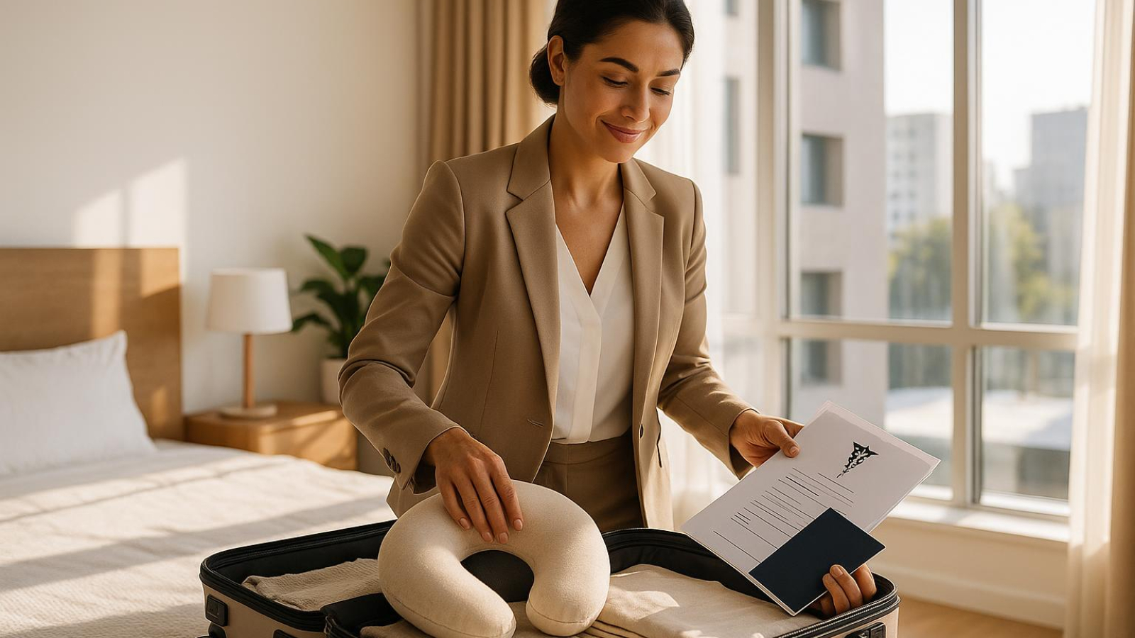 Woman preparing travel documents and recovery essentials for breast reduction surgery in Turkey
