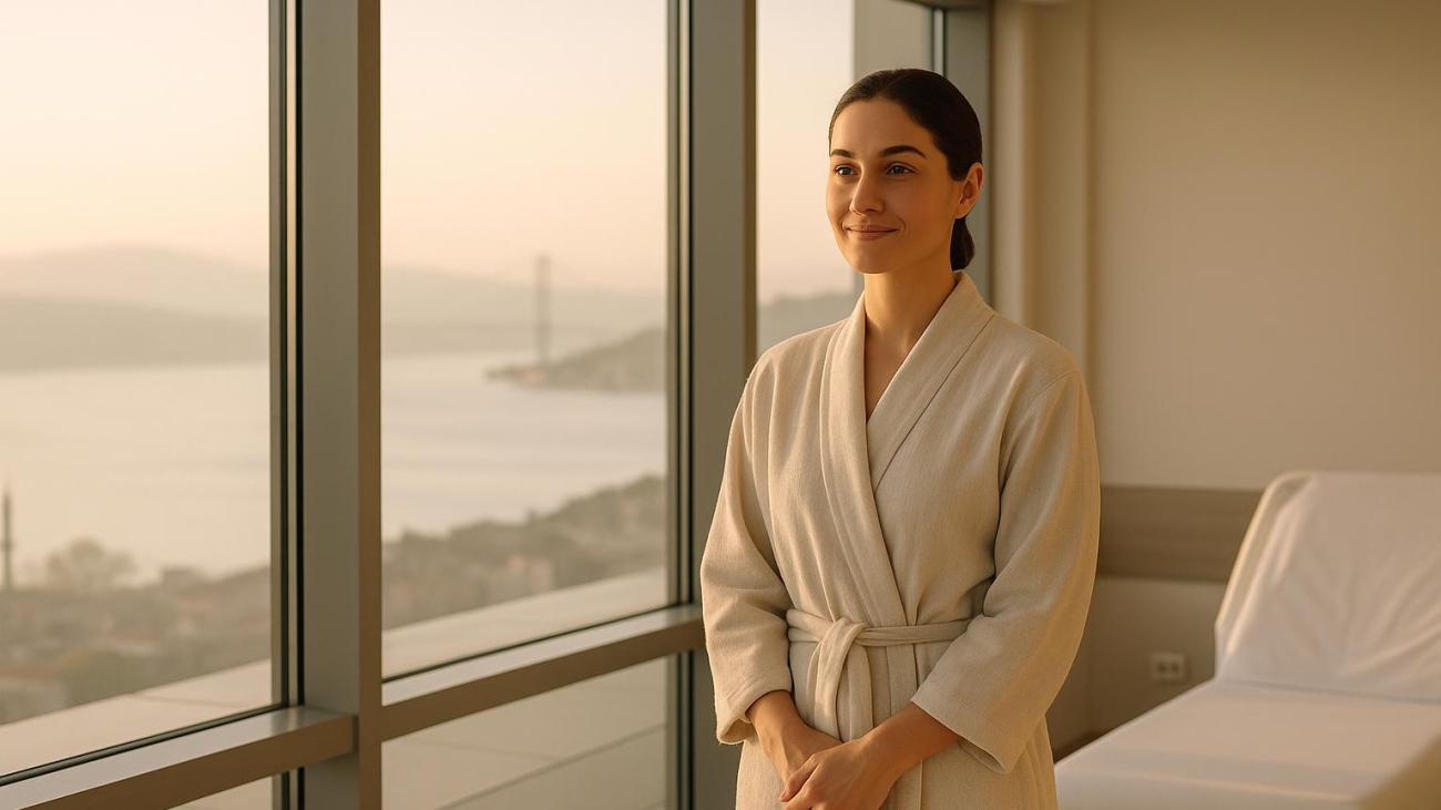 Patient preparing for rhinoplasty surgery day in bright Istanbul clinic suite with morning light