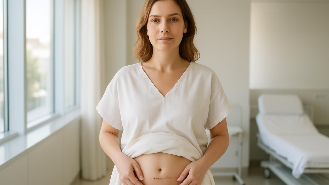 Woman in white post‑surgical gown showing abdomen with gentle tummy tuck incision markings, soft natural light