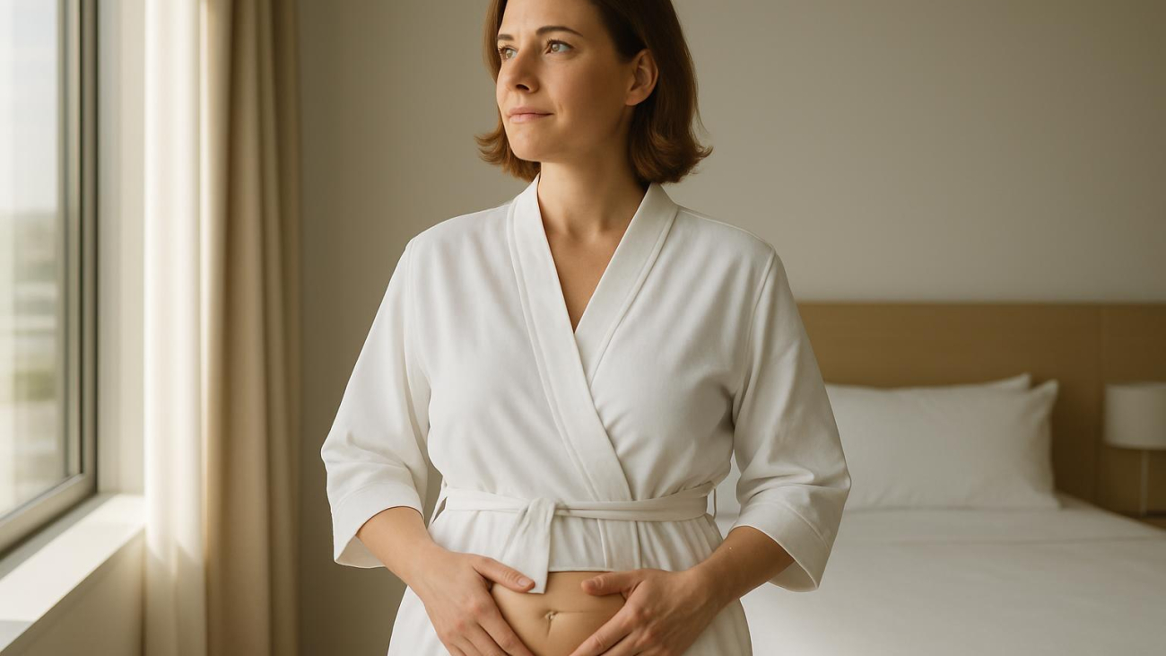 Woman in white robe with subtle abdominal markings standing in sunlit bedroom, representing tummy tuck ideal candidate preparation
