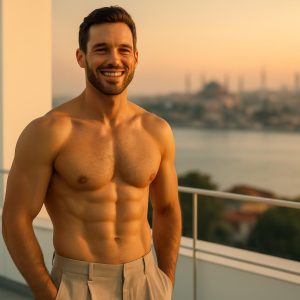 Confident man after gynecomastia surgery enjoying Istanbul Bosphorus view