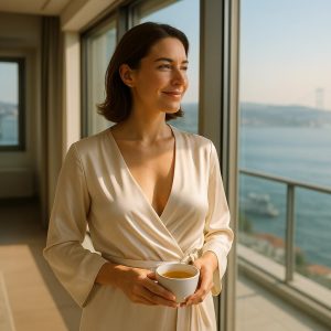 Breast augmentation after weight loss candidate smiling in Istanbul recovery suite with natural silhouette