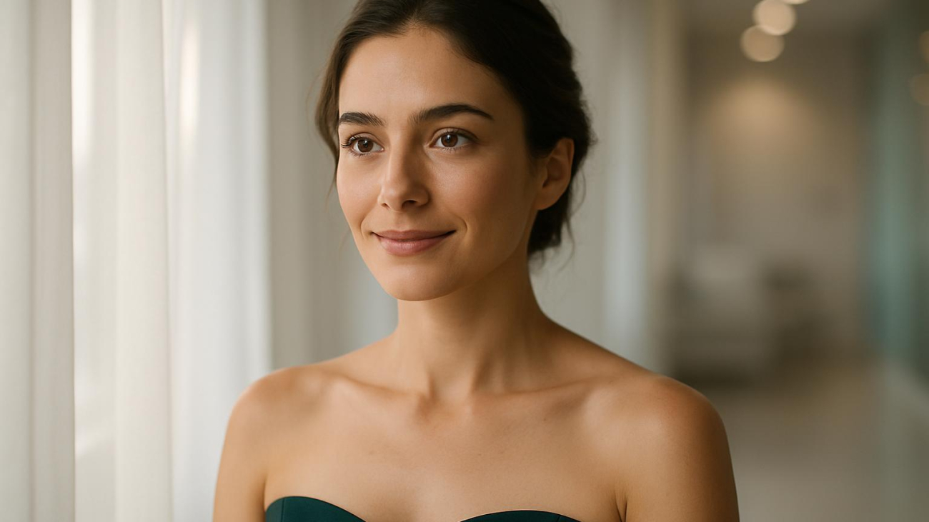 Woman preparing for breast augmentation consultation with hopeful expression