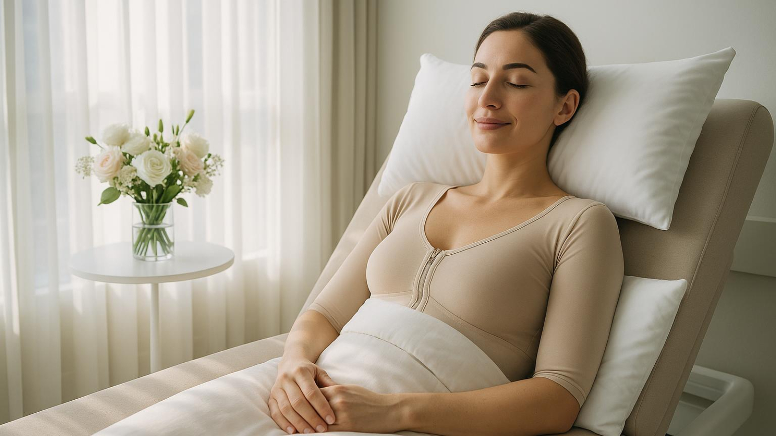 Patient recovering comfortably in Clinic Wise Istanbul suite wearing post-op compression garment with optimal pillow positioning
