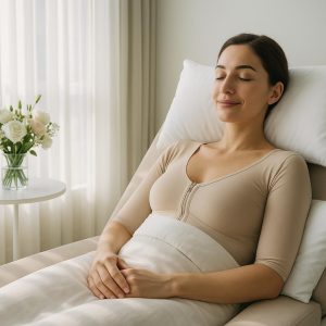 Patient recovering comfortably in Clinic Wise Istanbul suite wearing post-op compression garment with optimal pillow positioning