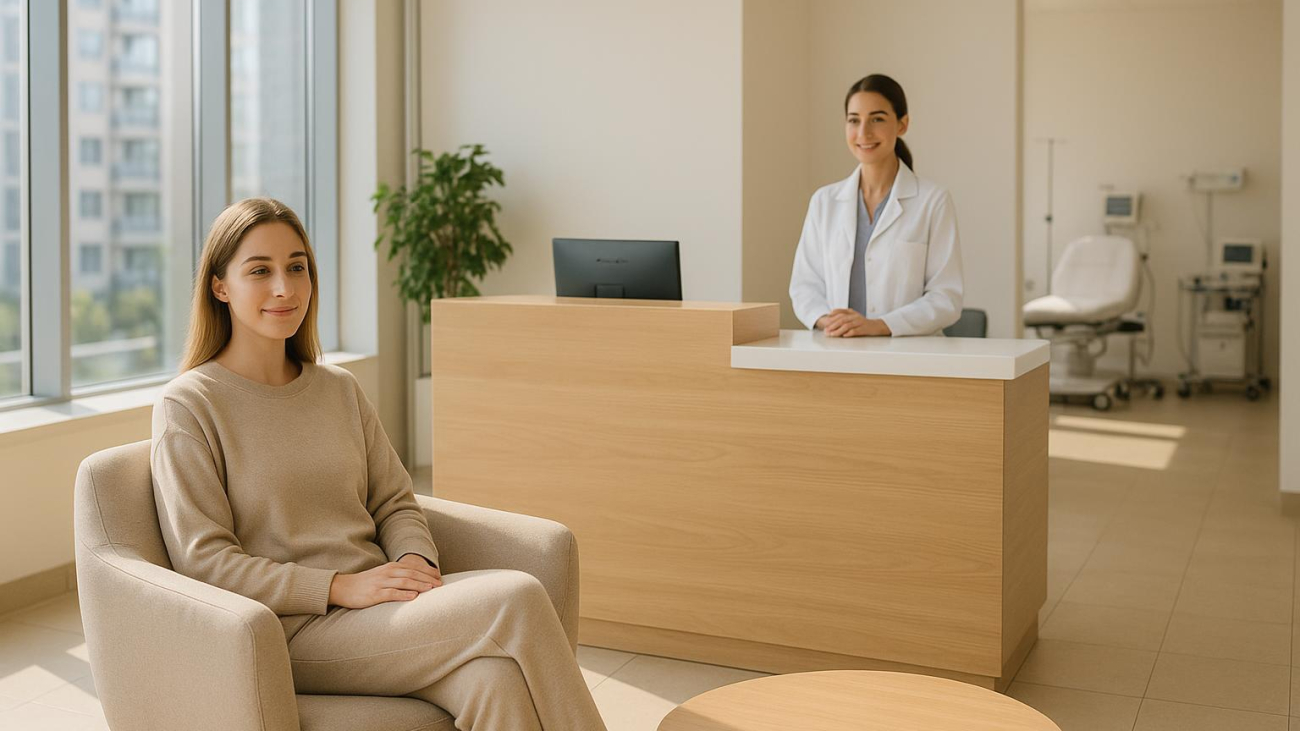 Patient waiting comfortably in a bright Istanbul clinic on breast reduction surgery day turkey