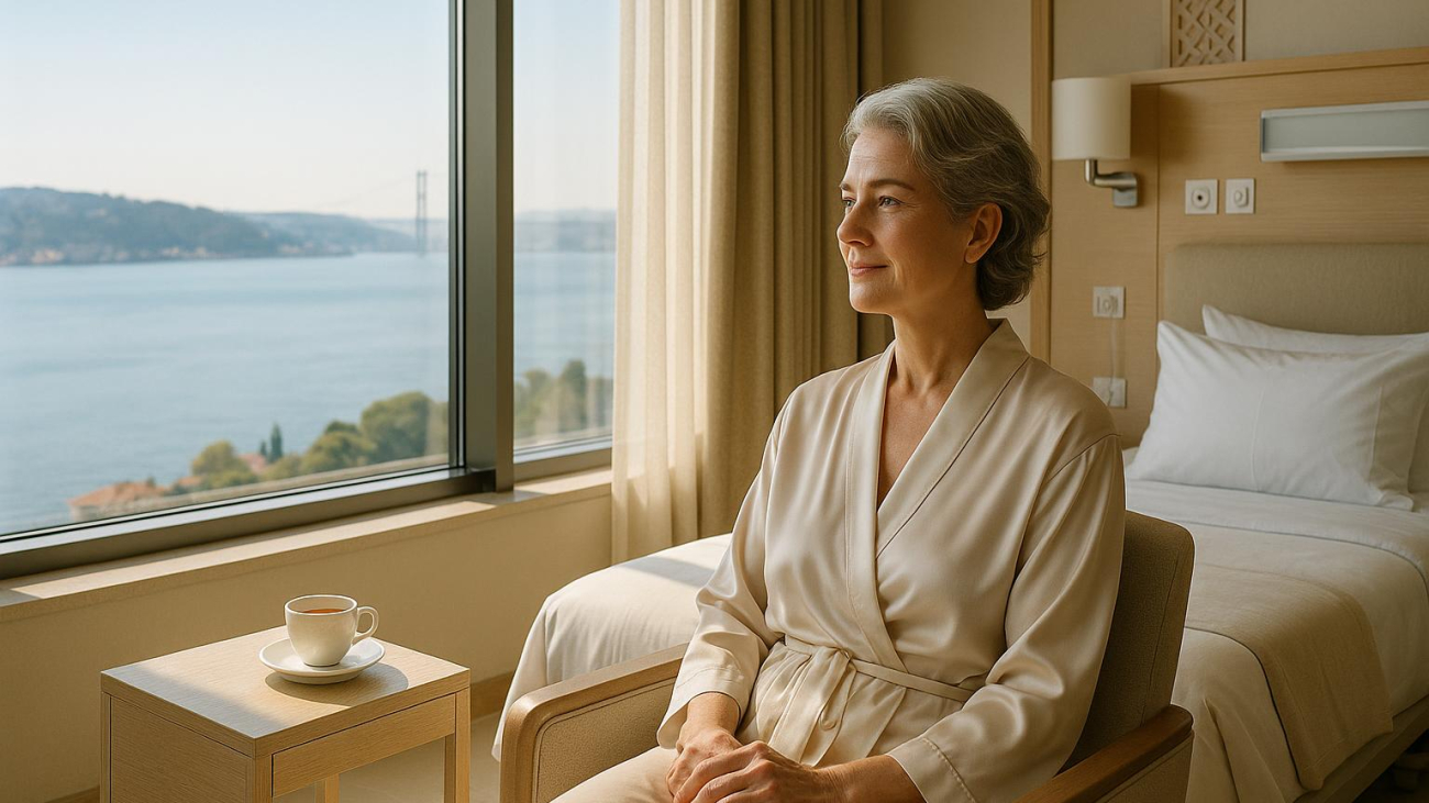 Patient preparing calmly for facelift neck lift surgery day in luxury Istanbul hospital suite