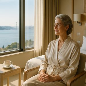 Patient preparing calmly for facelift neck lift surgery day in luxury Istanbul hospital suite