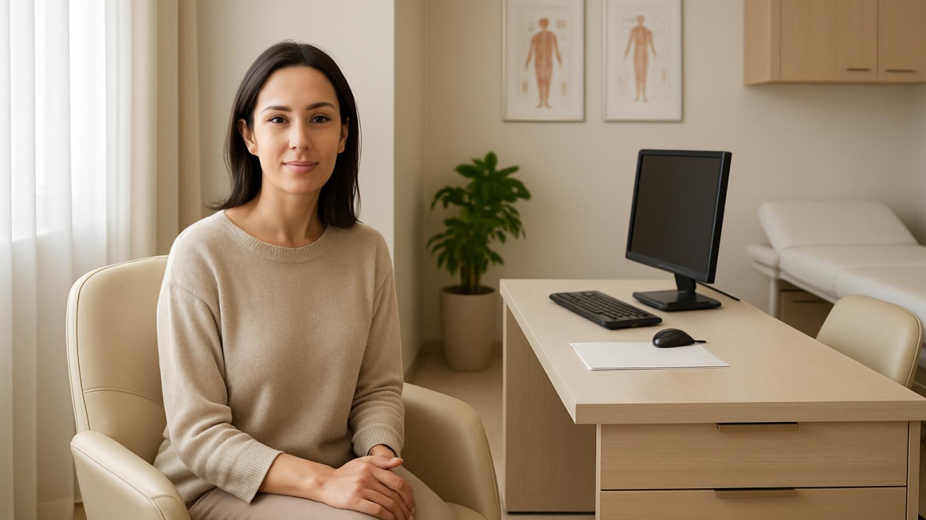 Woman in a serene clinic setting discussing labiaplasty aftercare with a specialist