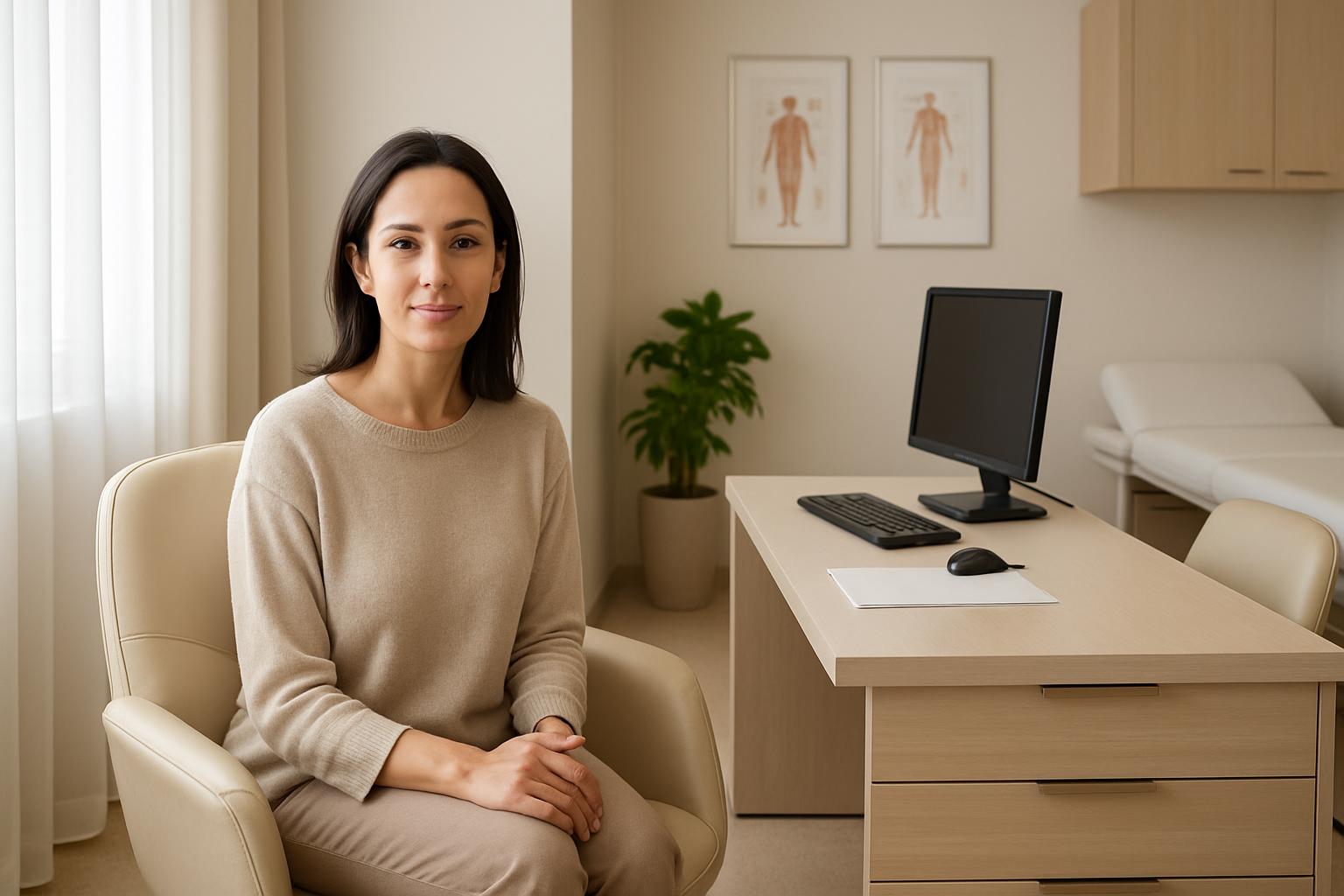 Woman in a serene clinic setting discussing labiaplasty aftercare with a specialist