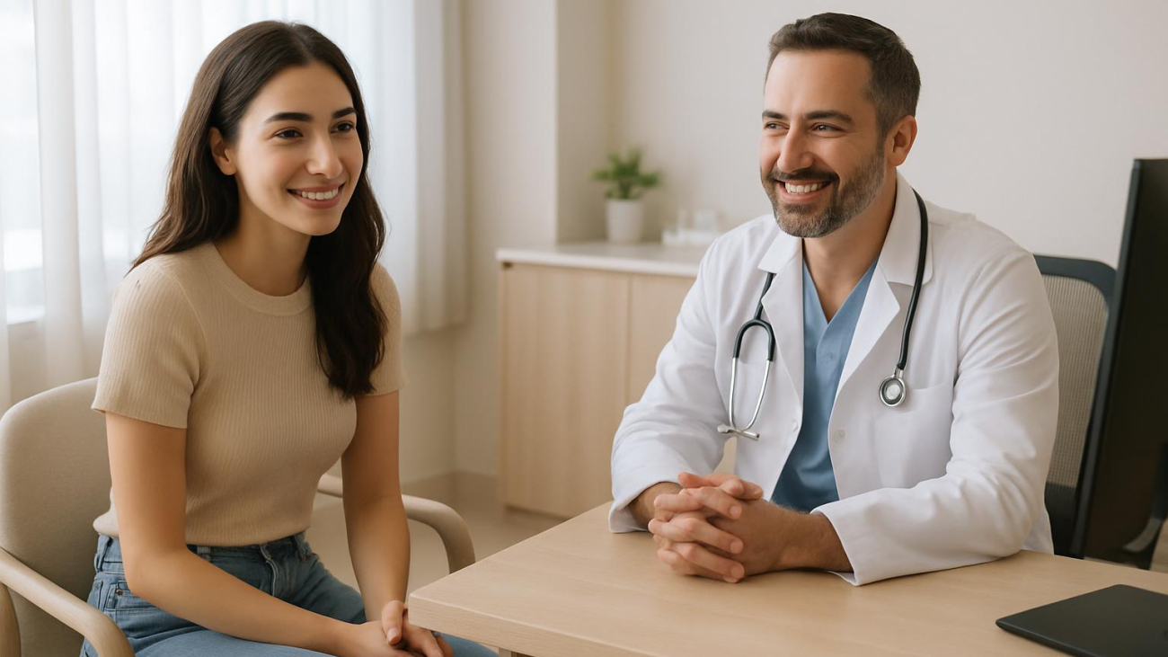 Confident woman discussing labiaplasty options with surgeon in bright clinic