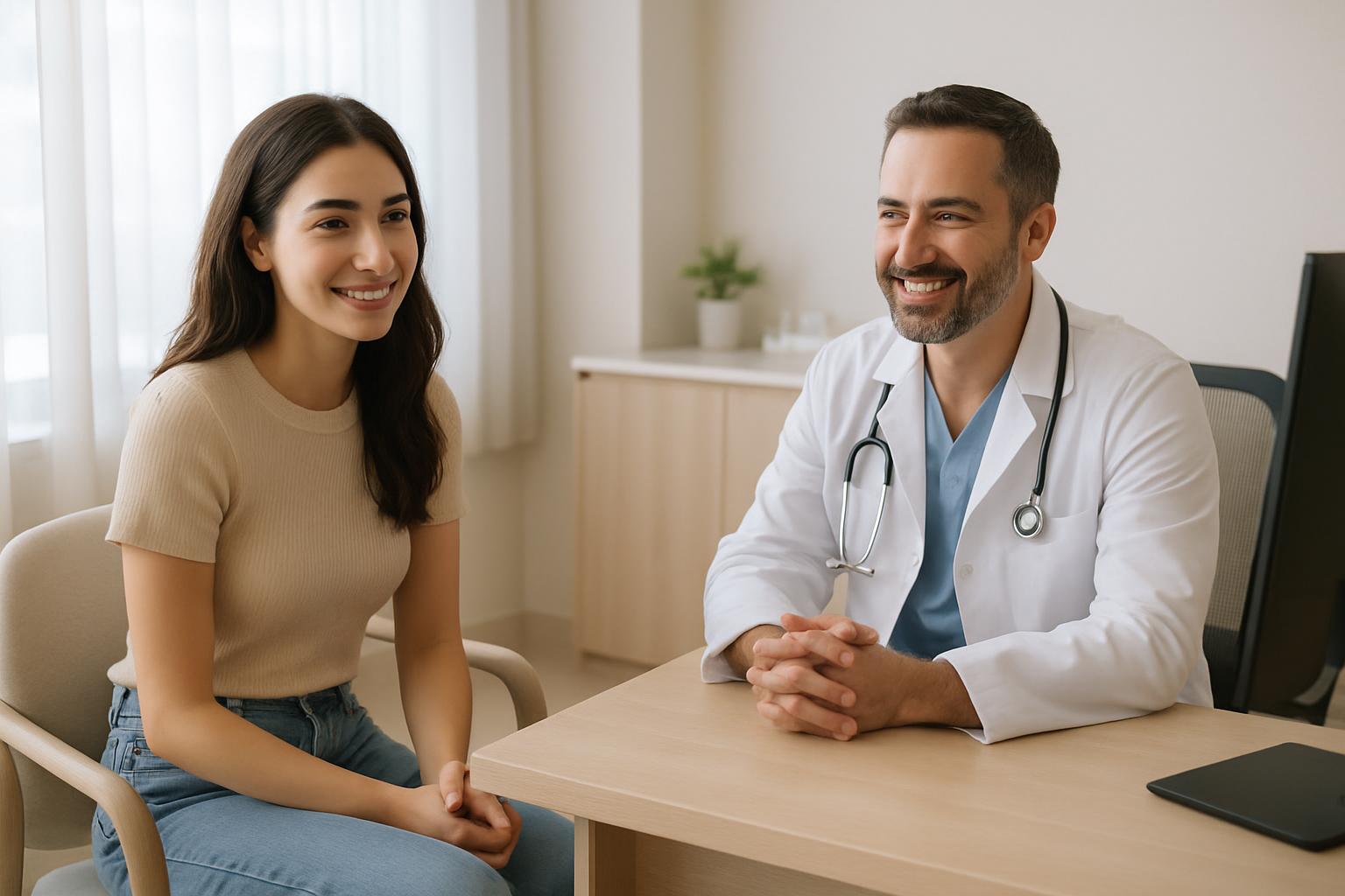 Confident woman discussing labiaplasty options with surgeon in bright clinic
