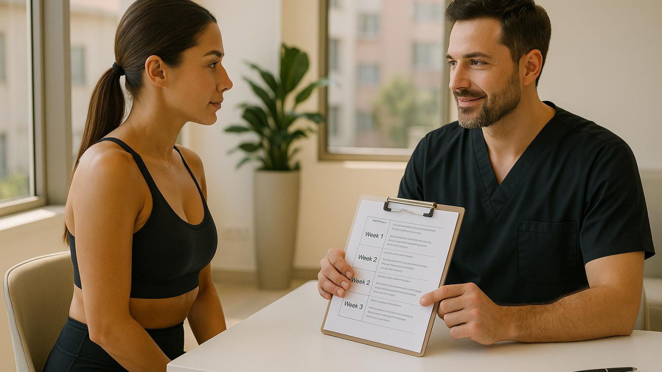 Clinic Wise surgeon and patient reviewing Lipo 360 J‑Plasma recovery timeline in modern Istanbul clinic