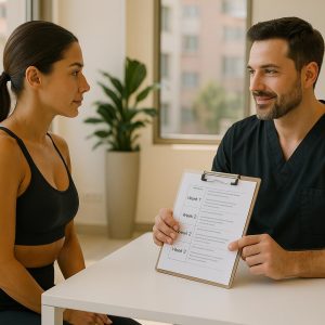 Clinic Wise surgeon and patient reviewing Lipo 360 J‑Plasma recovery timeline in modern Istanbul clinic