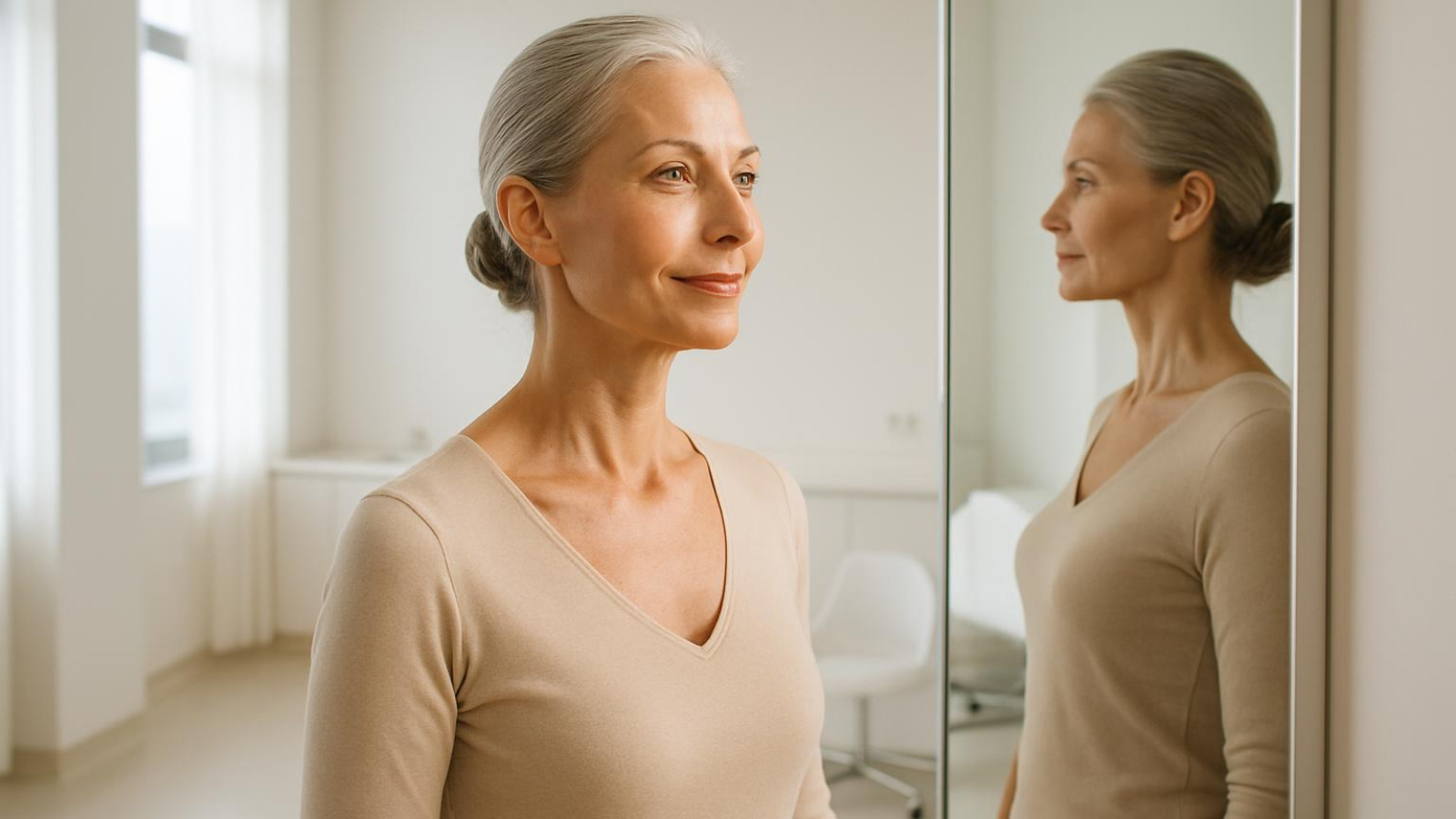 Woman examining her jawline in a bright clinic mirror during a facelift consultation