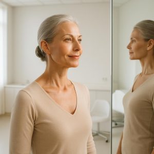 Woman examining her jawline in a bright clinic mirror during a facelift consultation