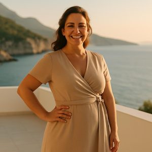 Confident mother in elegant dress enjoying Mediterranean terrace after mommy makeover long term maintenance