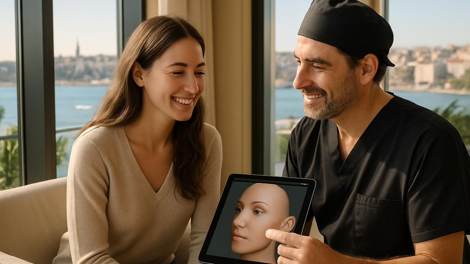 Patient and surgeon collaborating on combined breast and body surgery plan in modern Istanbul clinic