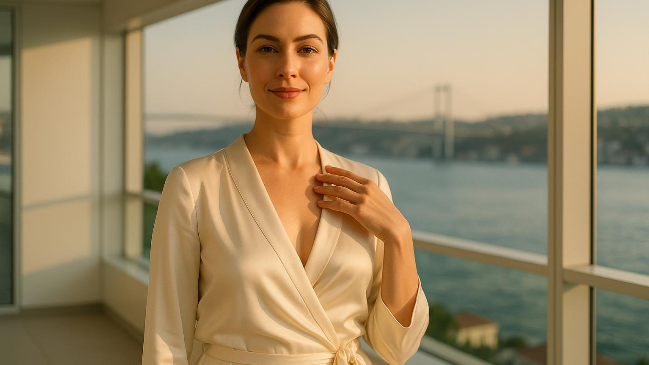 Woman enjoying smooth breast implants recovery turkey journey on Istanbul terrace during golden hour