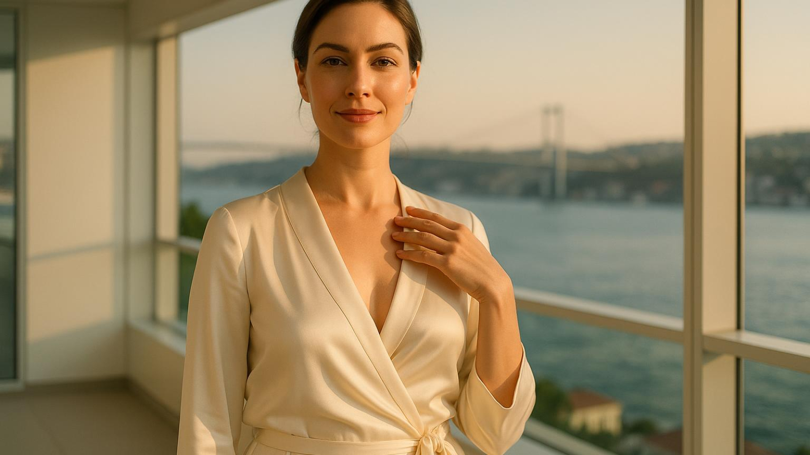 Woman enjoying smooth breast implants recovery turkey journey on Istanbul terrace during golden hour