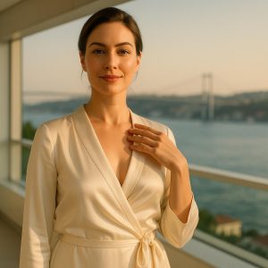 Woman enjoying smooth breast implants recovery turkey journey on Istanbul terrace during golden hour