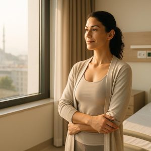 Woman recovering comfortably after breast lift surgery in Turkey recovery suite