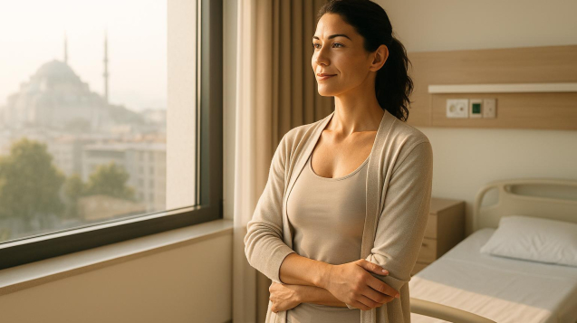 Woman recovering comfortably after breast lift surgery in Turkey recovery suite