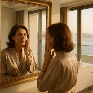 Woman reflecting on her facelift and blepharoplasty journey in an Istanbul hotel suite with Bosphorus view