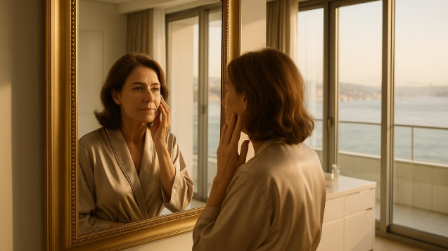 Woman reflecting on her facelift and blepharoplasty journey in an Istanbul hotel suite with Bosphorus view