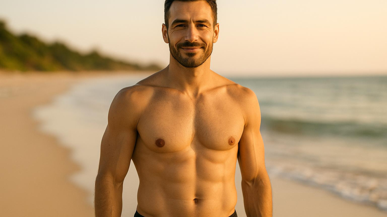 Fit male chest on beach illustrating natural gynecomastia surgery outcome